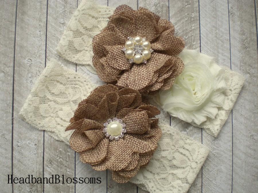 زفاف - BEST SELLER - Bridal Garter Set - Keepsake & Toss Wedding Garters - Burlap Chiffon Flower Pearl Ivory Lace Garters - Rustic Country Wedding