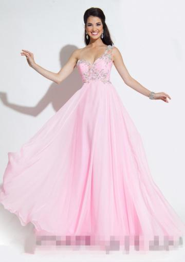 Mariage - Ruched Crystals Appliques Floor Length Pink One Shoulder Chiffon Blue