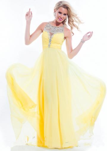 Mariage - Criss Cross Crystals Straps Chiffon Ruched Yellow Floor Length