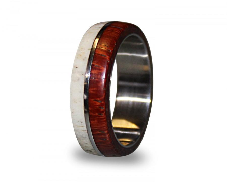 Wedding - Titanium Ring, Mens Titanium Wedding Band, Antler Ring and Wood Ring on Titanium