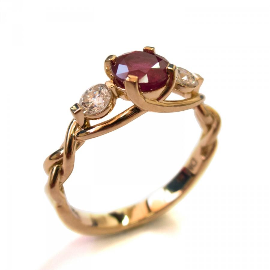 Wedding - Braided Engagement Ring - Ruby and Diamond engagement ring, rose gold diamond ring, unique engagement ring, celtic ring, three stone ring, 7