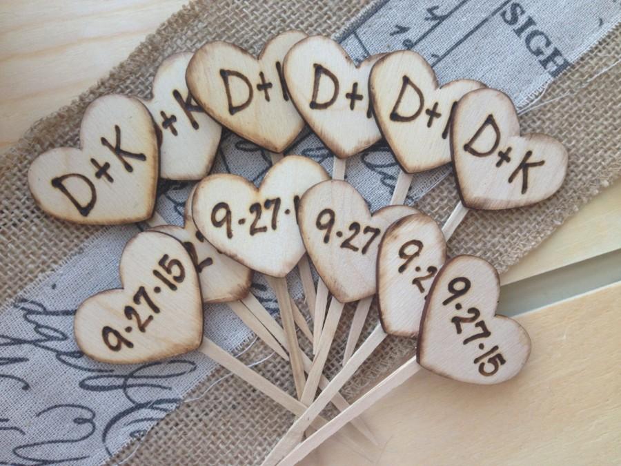 Hochzeit - Cupcake Toppers Personalized Wood Hearts with Carved Initials & Date SET of 12 Rustic Wedding Engagement Anniversary Bridal Shower 1 Dozen
