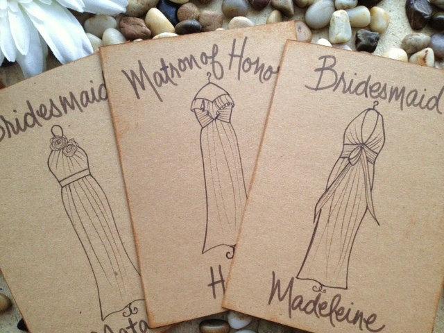 Hochzeit - Thank You Gifts for Bridesmaids Personalized Greeting Cards SET of 3 with YOUR Dress Replicated on Rustic Chic Wedding Cards