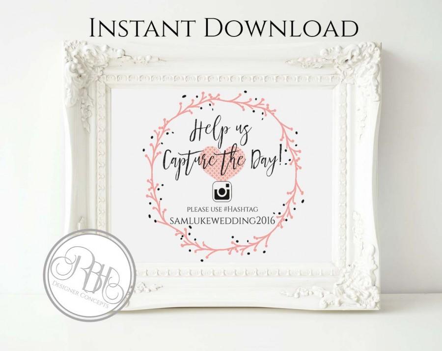 زفاف - Rustic Pink Wedding Hashtag Photo Template - INSTANT DOWNLOAD-DIY Text Editable-Rustic Pink Wreath with Heart-Kimberley