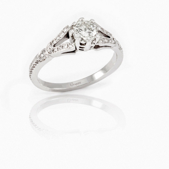 زفاف - Antique Engagement ring white gold with natural diamonds, Vintage engagement ring, Unique engagement ring, 6 prong ring, engagement band