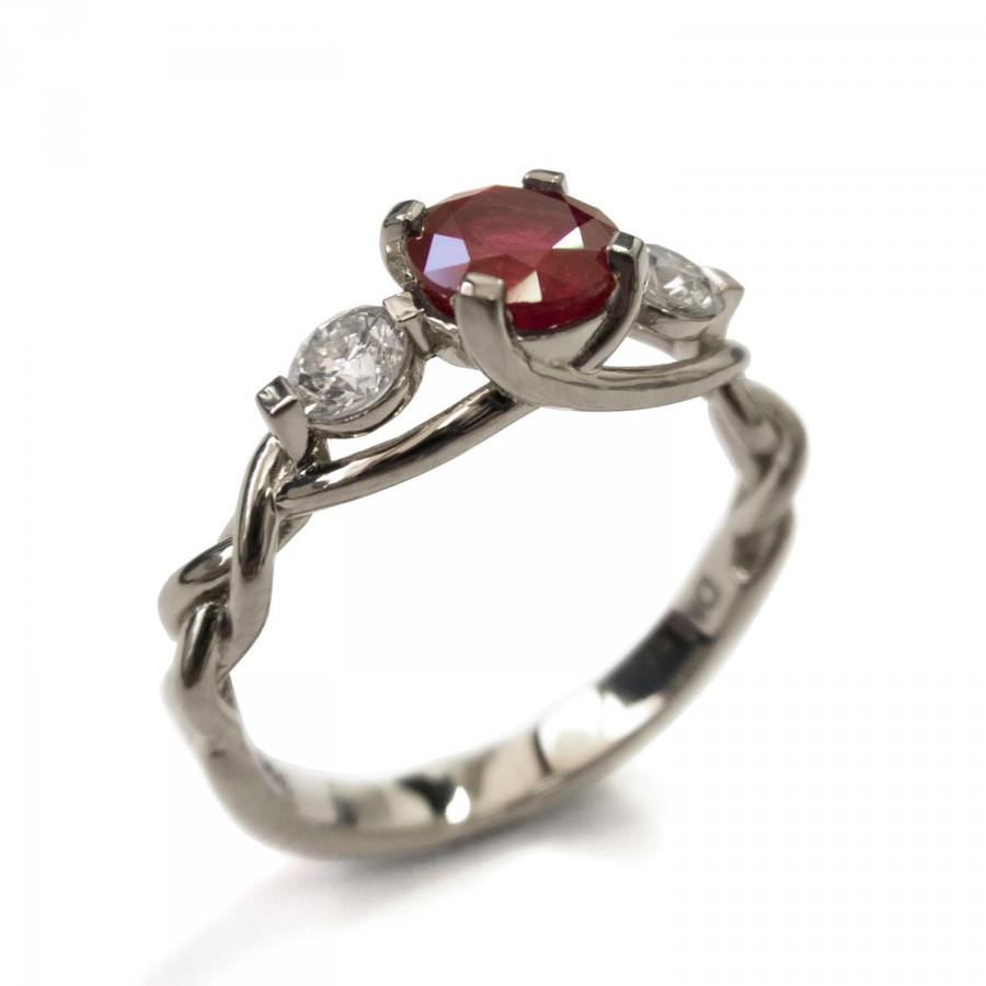 زفاف - Braided Engagement Ring - Ruby and Diamond engagement ring, white gold diamond ring, engagement ring, celtic ring, three stone ring, 7