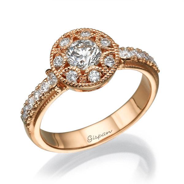 زفاف - Antique Engagment Ring 14k Rose Gold Diamond Ring With Halo Setting And Milgrain, Vintage Ring, Unique engagement ring, Woman Ring, Gift