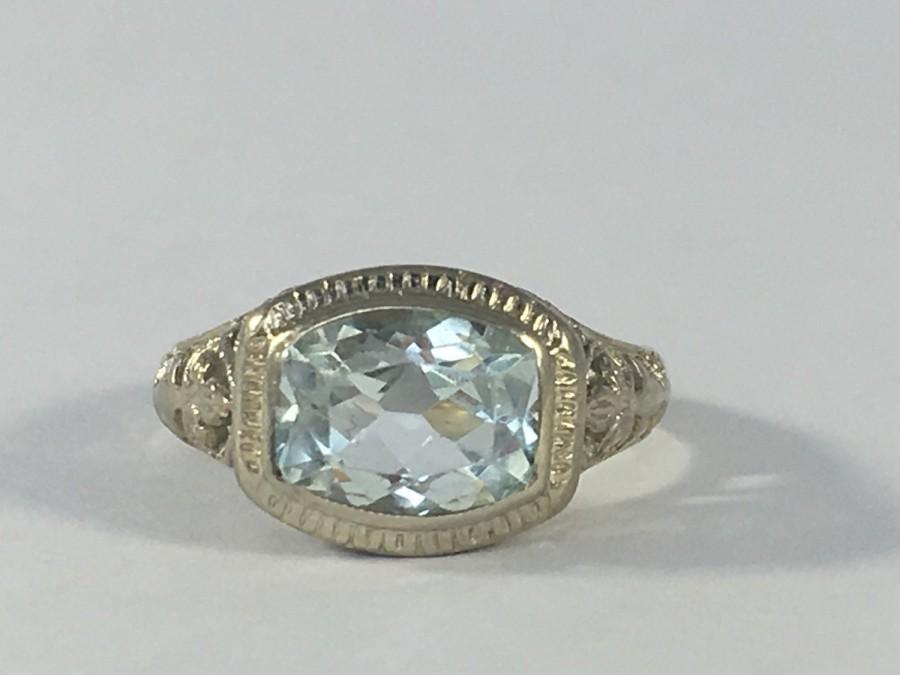 Wedding - Vintage Aquamarine Ring with 18k White Gold Filigree Setting. 1+ Carat. Unique Engagement Ring. March Birthstone. 19th Anniversary Gift.