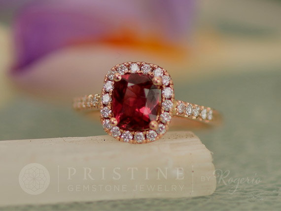 Hochzeit - Rose Gold Engagement Ring with Red Spinel Ruby Alternative Diamond Halo Wedding Ring Anniversary Ring