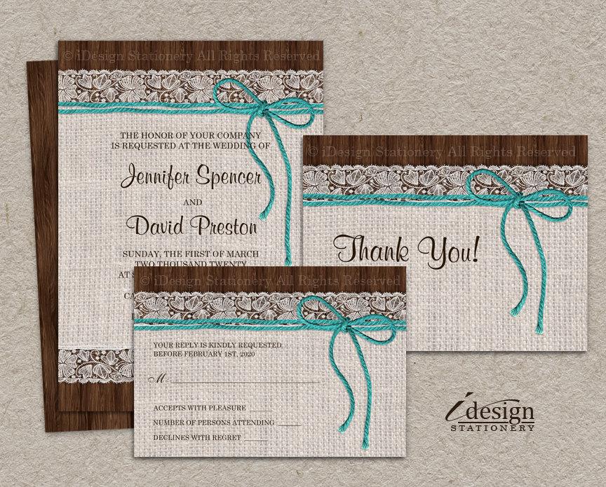 Hochzeit - DIY Printable Rustic Turquoise Wedding Invitation Sets With Burlap And Lace, Wedding Invitation Kits With Invite, RSVP and Thank You Card