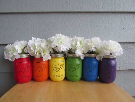 زفاف - Painted And Distressed Ball Mason Jars- RAINBOW-Set Of 6-Flower Vases, Rustic Wedding, Centerpieces