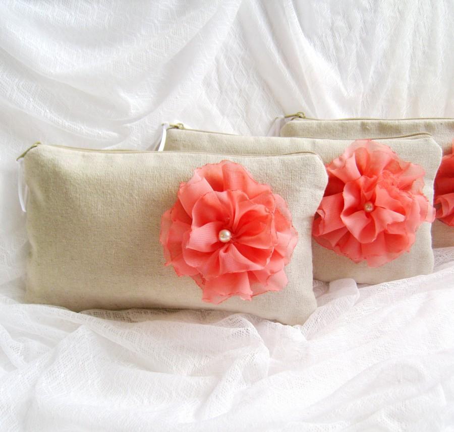 زفاف - SET of  7 - Rustic linen chiffon flower wedding clutches, linen bridesmaids clutches, purse and cosmetic bags (Ref: CL881)