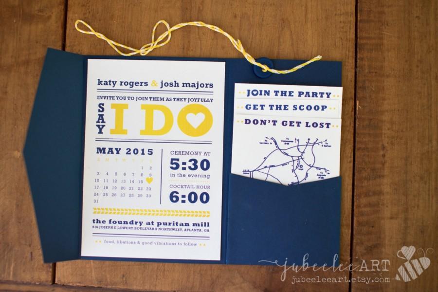 Hochzeit - Modern navy blue and yellow calendar style wedding date printable wedding invitation