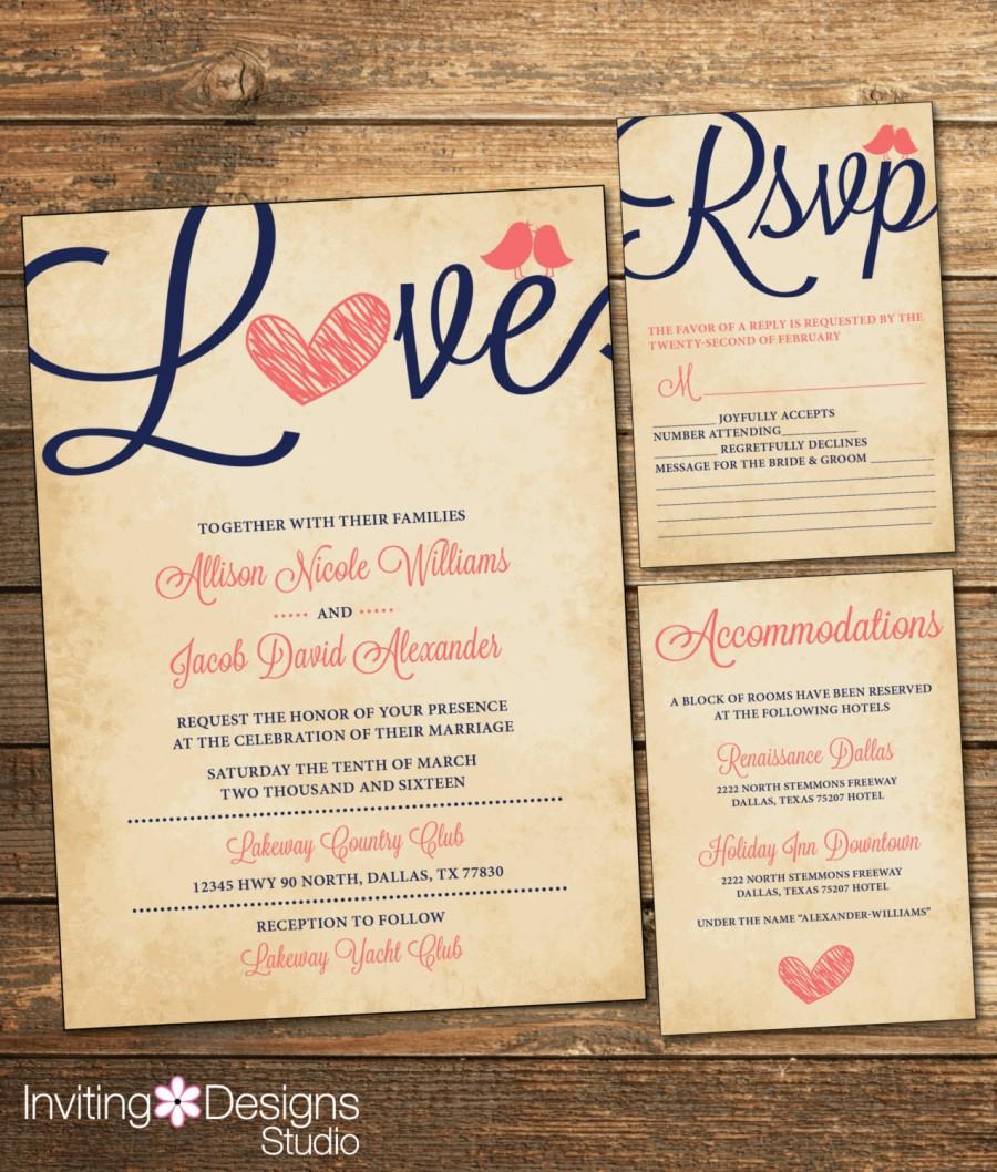 Mariage - Rustic Wedding Invitation, Love Bird, Coral and Navy, Vintage, RSVP Card, Accommodations Card, Printable Wedding Suite (PRINTABLE FILE)