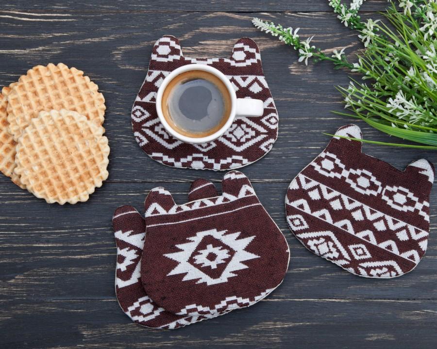 Wedding - Brown Coasters for Drinks Tribal Bear Coasters Cute Housewarming Gifts, set of 4, Kitchen Accessory, fathers day gifts