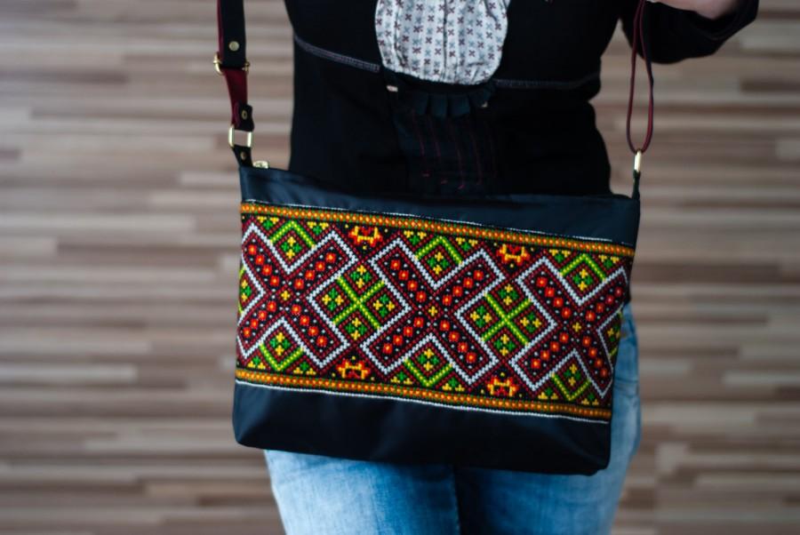 Wedding - Black canvas tote with handmade ukrainian embroidery, crossbody bag, messenger bag, zippered tote, purse.