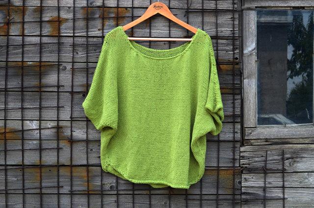 Wedding - Cottonblend Green top Handknit Sweater Loose fit Handmade Green sweater Cotton Womens Sweater Handknit pullover Wide top Cropped Boxy top