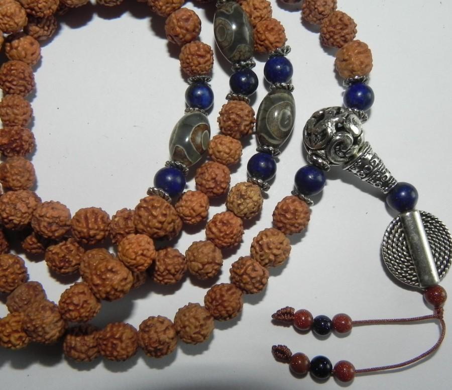 Wedding - Buddhist prayer beads mala 108 tibetan style - DZI beads, rudraksha and lapis lazuli