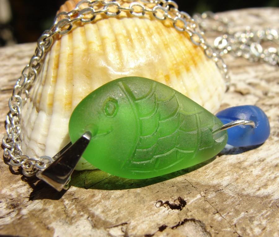 Mariage - Green Fish Sea Glass Necklace - Beach Jewelry Bohemian Necklace - Surfer Necklace - Natural Seaglass Jewelry - Boho