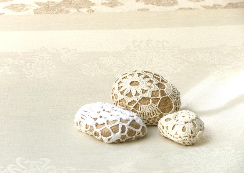Hochzeit - Rustic Country Decor Collectibles, Decorated Stones, Upcycled Eco Friendly Art, Shabby chic decor, Lace Crochet Stones , Door stop