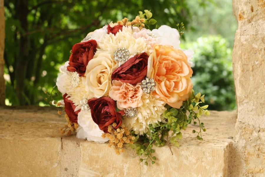 زفاف - Burgundy Peach Blush White Ivory Large Bouquet Fall Wedding Alternative Keepsake