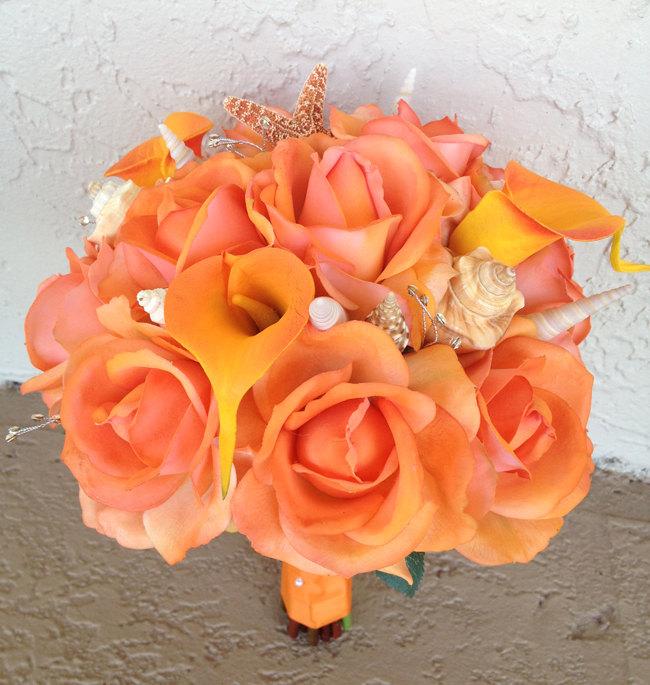 Hochzeit - Wedding Natural Touch Beach Seashells and Orange Roses and Callas Silk Flower Bride Bouquet - Almost Fresh