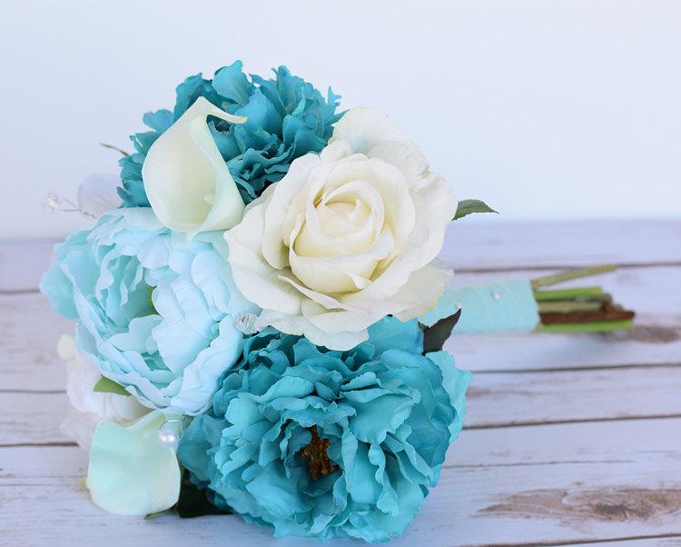 Wedding - Wedding Aqua Mint Teal Turquoise Calla Lilies, Peonnies and Roses Flower Bride Fresh Style Bouquet - Robbin's Egg