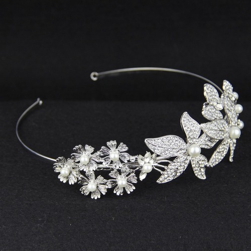 Wedding - Flower Rhinestone Bridal Headband With Pearls Boho Crystal Butterfly Flora Bridal Headpiece