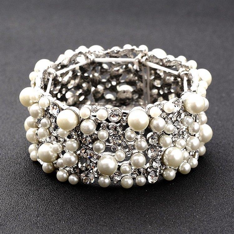 Wedding - Ivory pearl rhinestone bridal bracelet wide elastic wedding wrist band bangle