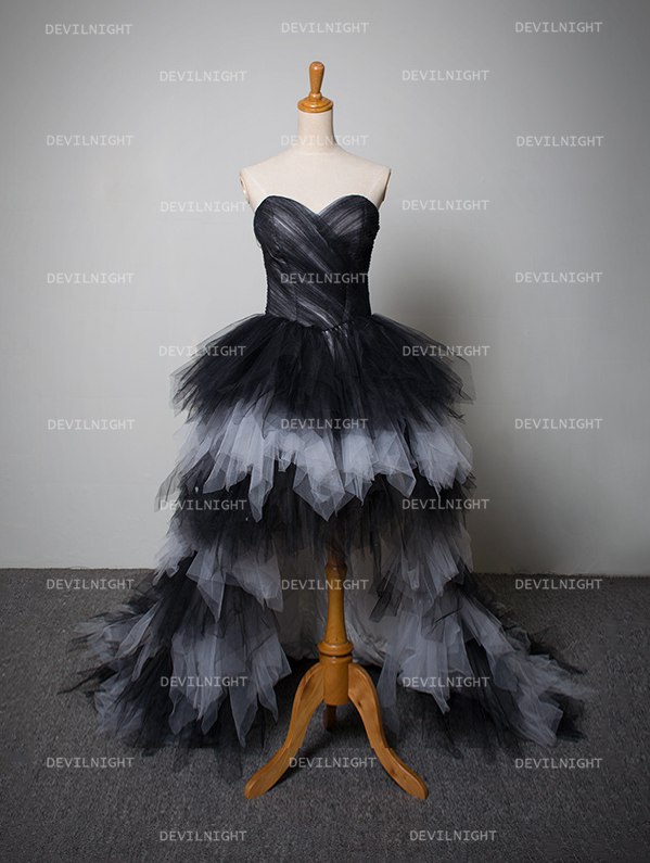 Wedding - Black and White Tulle High-Low Gothic Wedding Dress