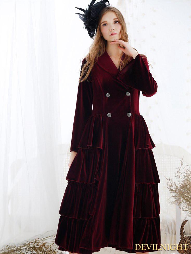 زفاف - Wine Red Velvet Vintage Medieval Chemise Dress Outfit