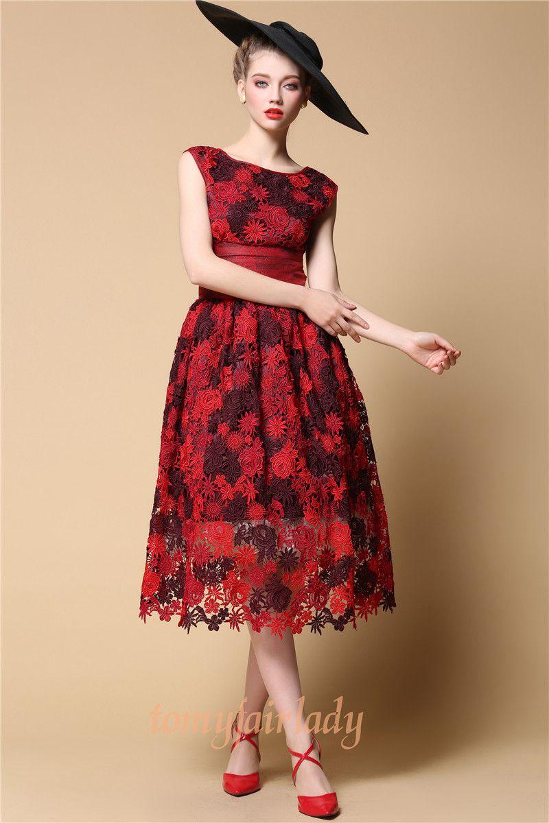 Wedding - Elegant Red Lace Vintage 1950s Party Dress