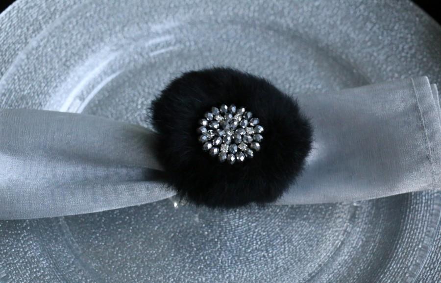 Wedding - Elegant Fur Napkin Rings featuring a Crystal and Beaded Center Accent, Set of 4