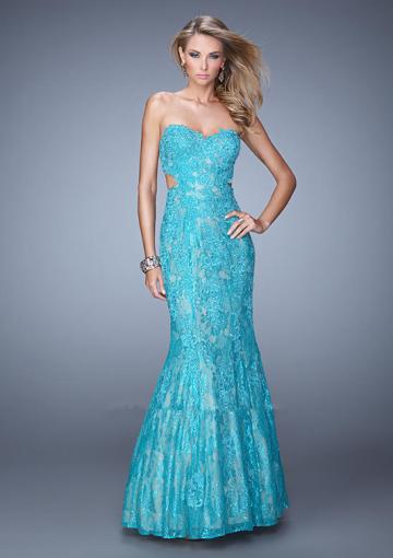 Mariage - Open Back Appliques Blue Floor Length Ruched Lace Sweetheart Sleeveless Mermaid