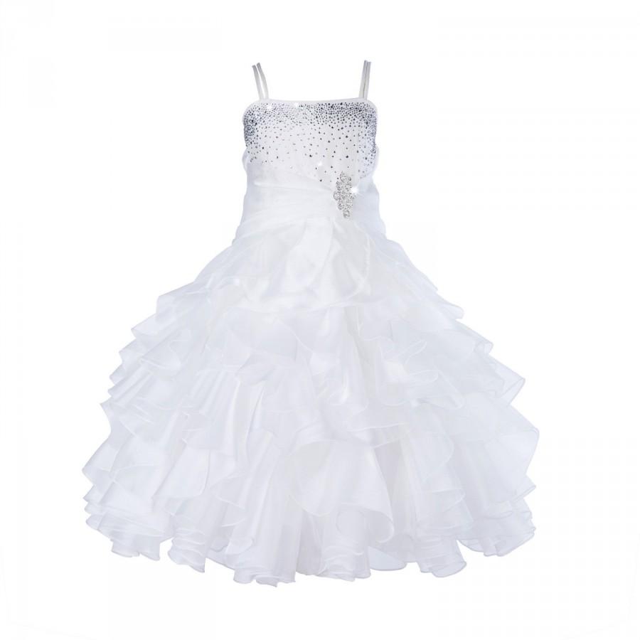 Mariage - Elegant Stunning Rhinestone ivory Organza Pleated Ruffled Flower girl dress wedding birthday toddler size 4 6 8 10 12 14 16 