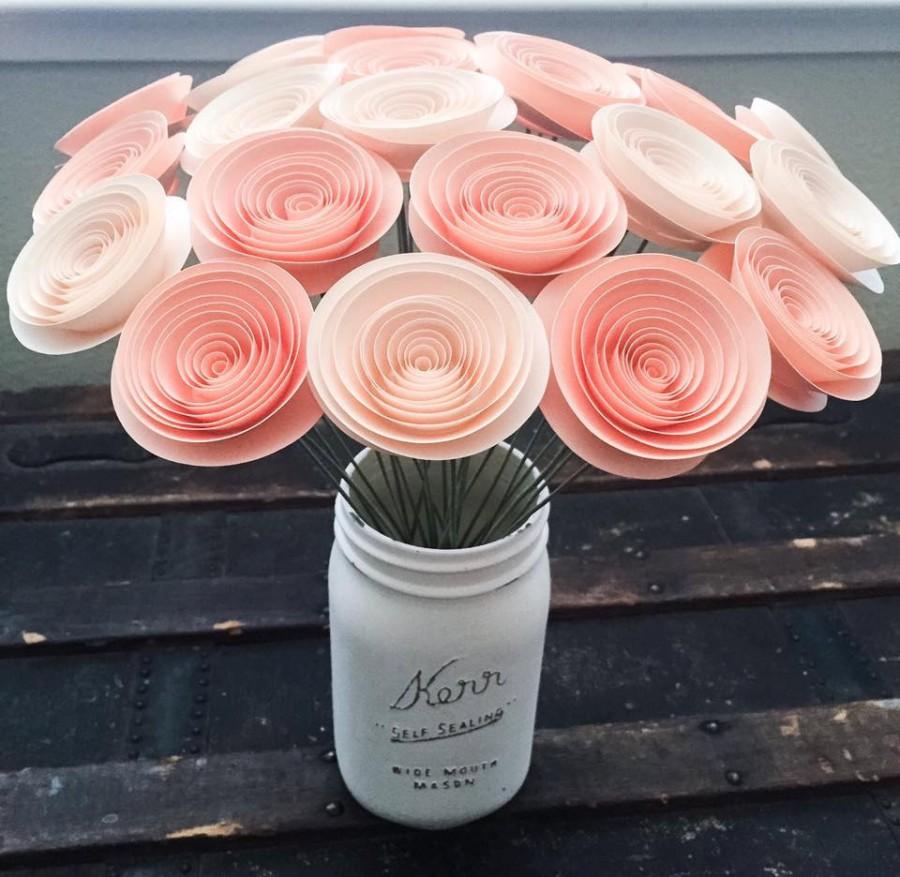 Mariage - Paper Flowers Stemmed - Roses - Peach and Blush Peach - Wedding Flowers - Home Decor - Baby Shower - Rolled Paper - Table Centerpieces