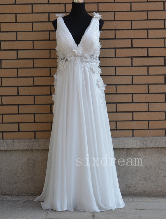 Свадьба - Vintage Ivory Wedding Dress A LINE Bridal Gown with Lace Flowers Deep V Neck Chiffon Evening Prom Dress