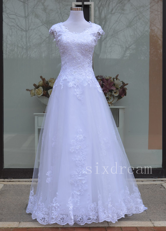 زفاف - A Line Cap Sleeves Lace Tulle full Back Wedding Dress, Lace Applique White Wedding Gown