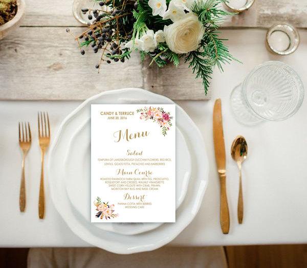 Свадьба - Wedding menu Printable boho flower watercolor,  Printable Wedding menu, Boho wedding menu, The Mia collection