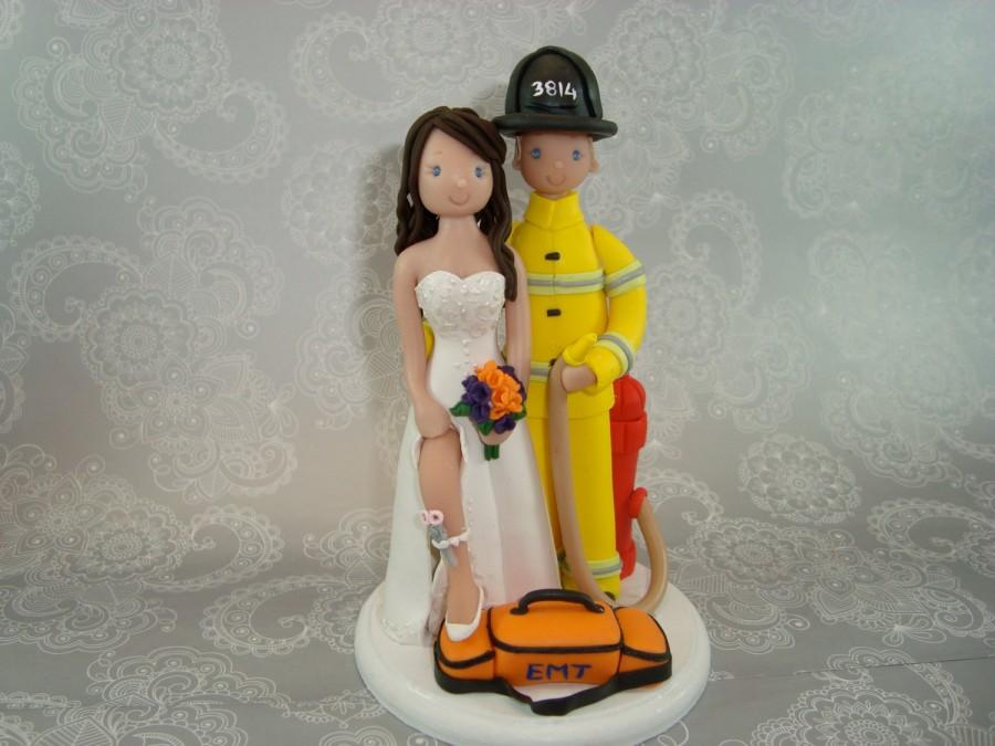 Hochzeit - Custom Handmade Firefighter & EMT Nurse Wedding Cake Topper