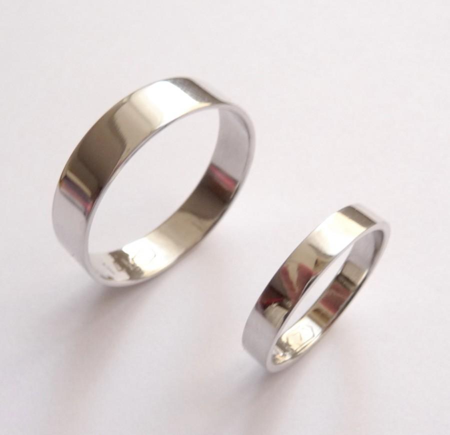 Wedding - White gold wedding band set women wedding ring men wedding band flat shiny