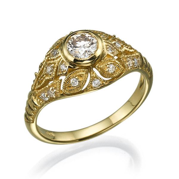 زفاف - Antique engagement ring, 14k Ring, yellow gold Ring, Halo setting ring, Diamond Ring, Vintage Ring, Art Deco Ring, Unique ring, Wedding Ring