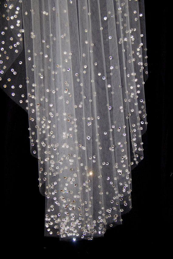 Hochzeit - Cathedral Length Wedding Veil With Crystal Edge And Scattered Crystals, Crystal Bridal Veil, White Diamond Ivory Veil, Style 1034