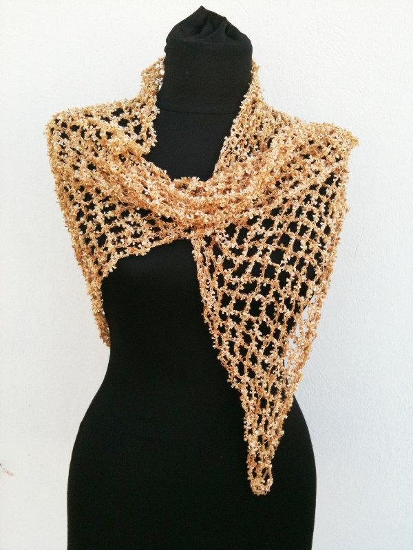 زفاف - Wedding Super LUX Special gold Fancy Crochet Shawl,Scarf, Triangle Shawl,