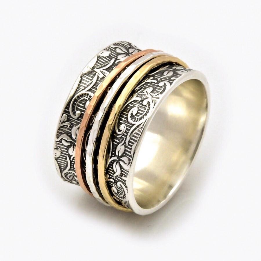 Wedding - Leaf Motif Spinner Ring, Leaf Spinner Ring, Meditation Ring, Fidget Ring, Worry Ring, Triple Spinner Ring, Nature Inspired, anxiety ring