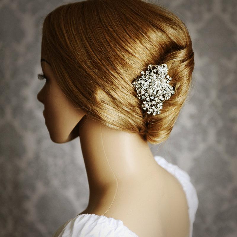 Hochzeit - STEPHANIE, Swarovski Pearl and Rhinestone Bridal Hair Comb, Crystal Bow Wedding Hair Comb, Vintage Style Bridal Wedding Hair Accessories