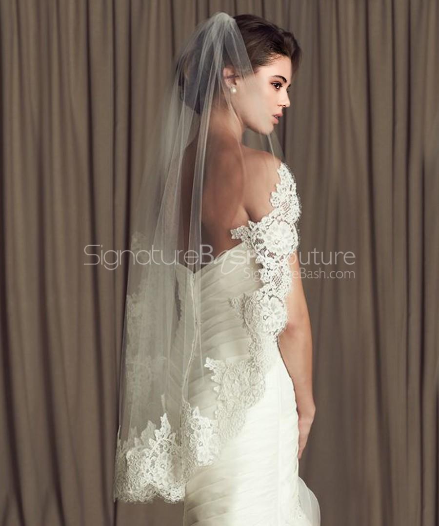Hochzeit - Partial Lace Edged Veil - Lace Starting At Shoulder 