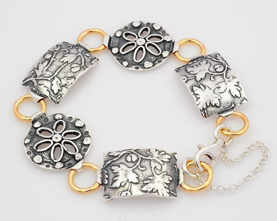 زفاف - Flower link bracelet - Floral Link Bracelet - Silver leaf Bracelet - Silver Link bracelet - Floral Bracelet - Silver and Gold - Antique