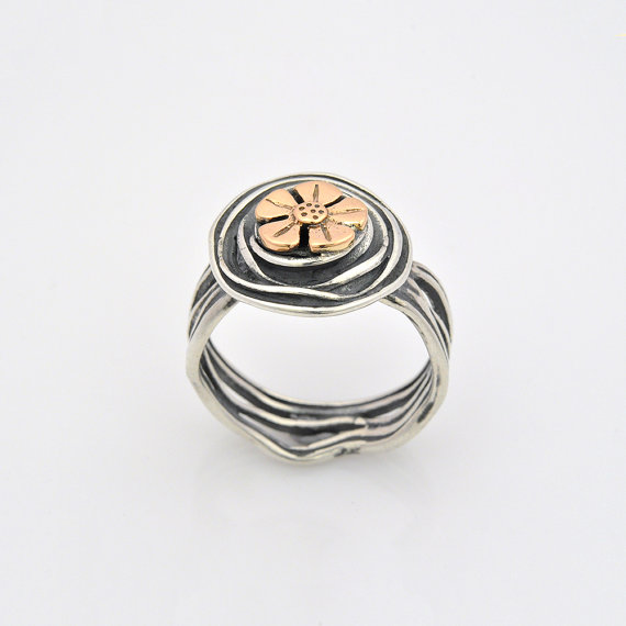 Wedding - Silver and Gold Flower Ring, Floral Silver ring, Gold Flower Ring, Round Silver Ring, Sterling Silver Open Artisan Ring, Silver layer Ring