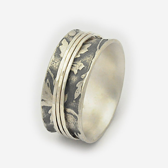 زفاف - Spinning rings for women oxidized base Organic Leaf Design Band with 3 x Sterling Silver spinner rings, meditation ring,wedding band,